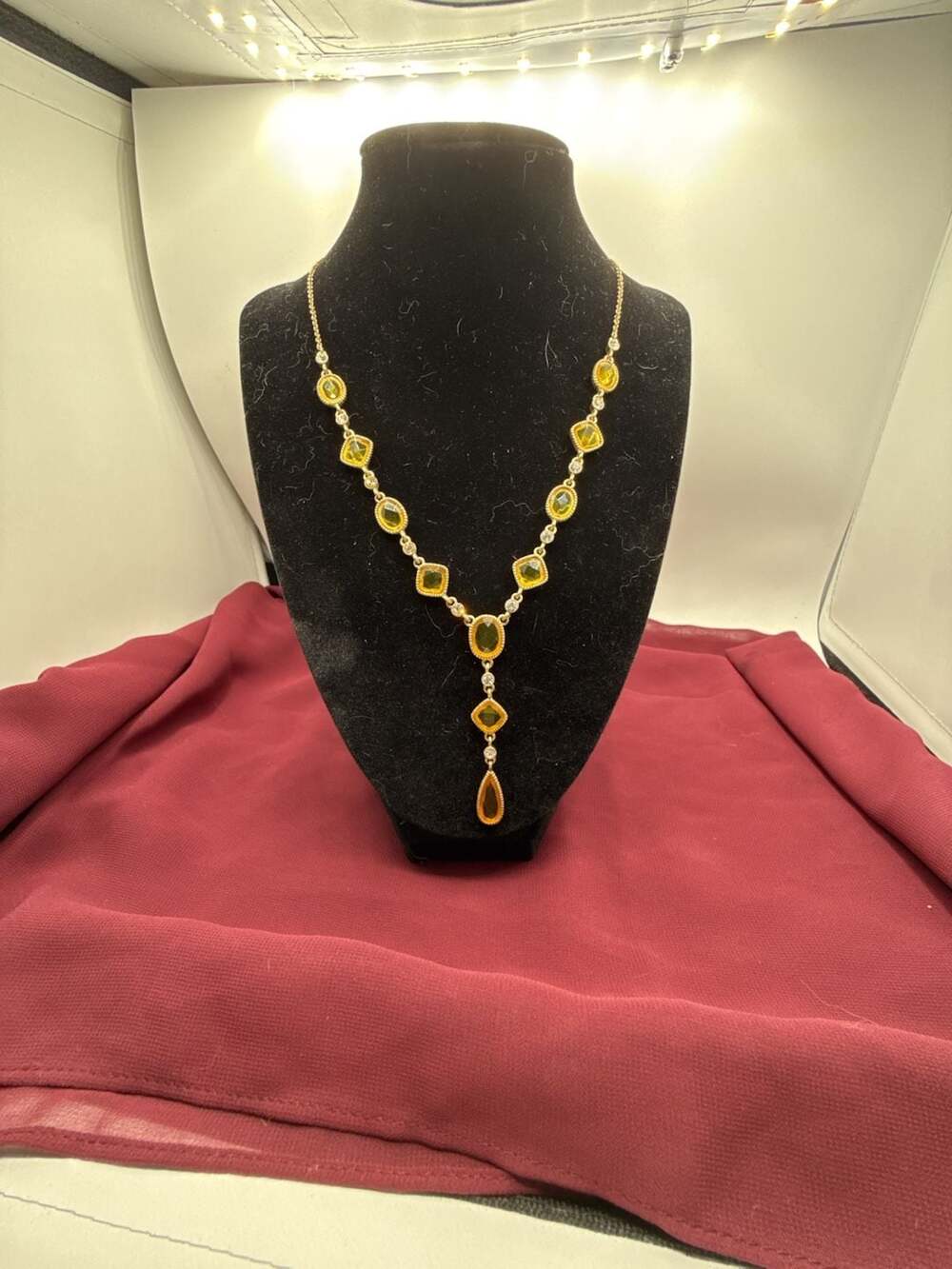 Gold Tone Amber Topaz Color Rhinestone Y-Drop Necklace